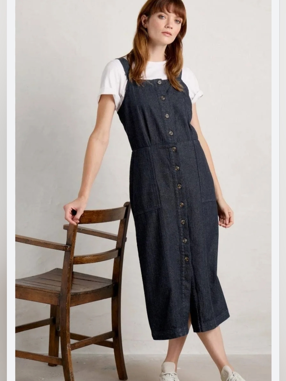 Seasalt Cornwall Organic Cotton River Rock Midi Pinafore Denim Dress Size 14